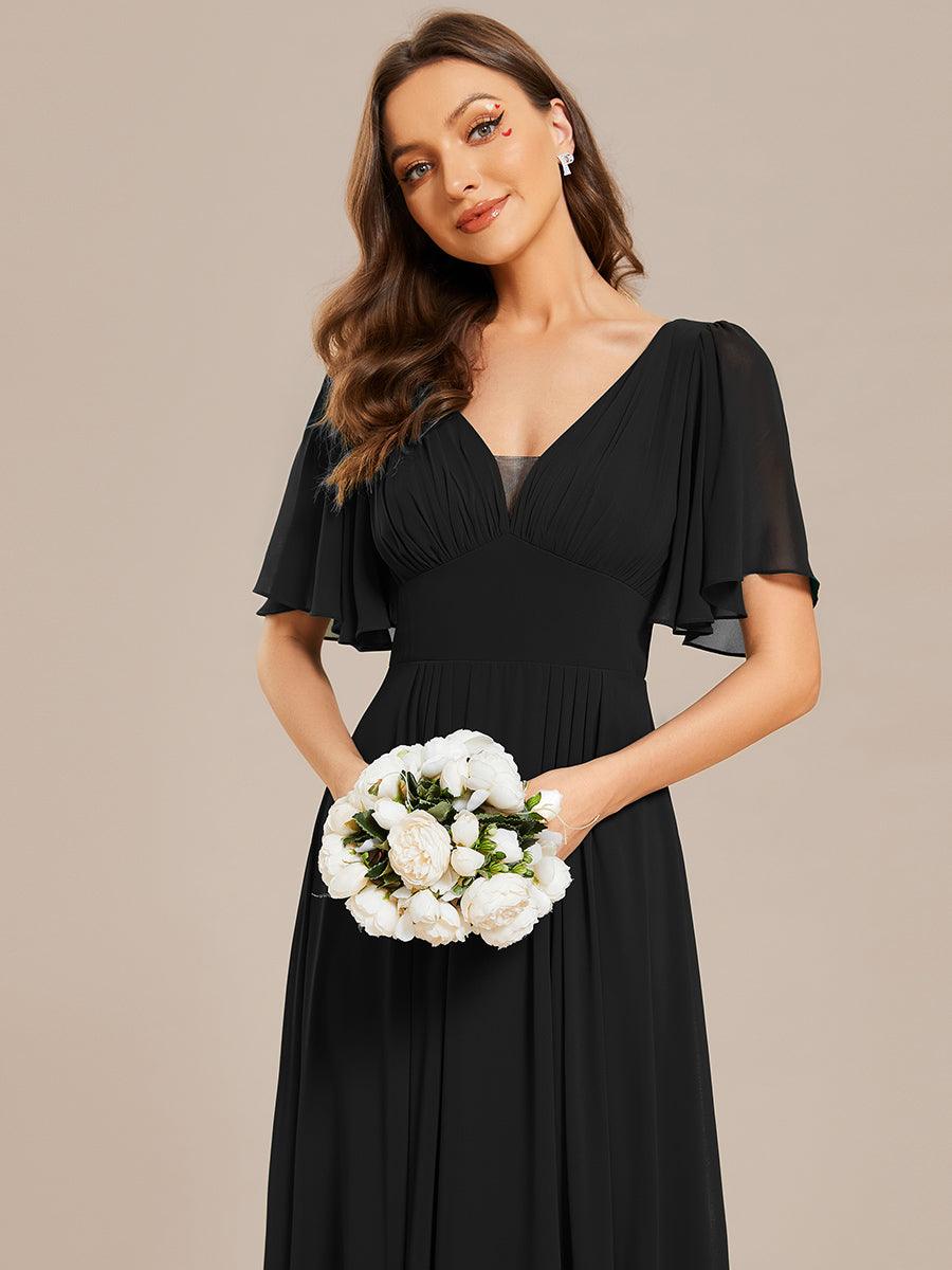 Robe de demoiselle d'honneur longue en mousseline de soie simple manches courtes taille empire ligne a #Couleur_Noir