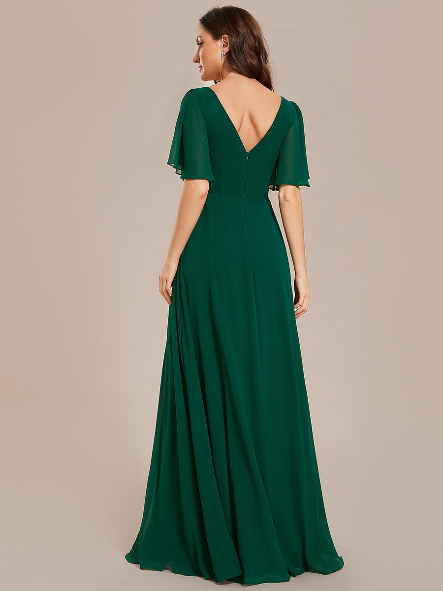 Robe de demoiselle d'honneur longue en mousseline de soie simple manches courtes taille empire ligne a #Couleur_Vert Fonce