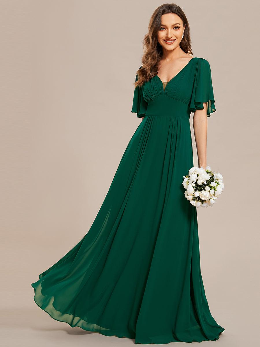 Robe de demoiselle d'honneur longue en mousseline de soie simple manches courtes taille empire ligne a #Couleur_Vert Fonce