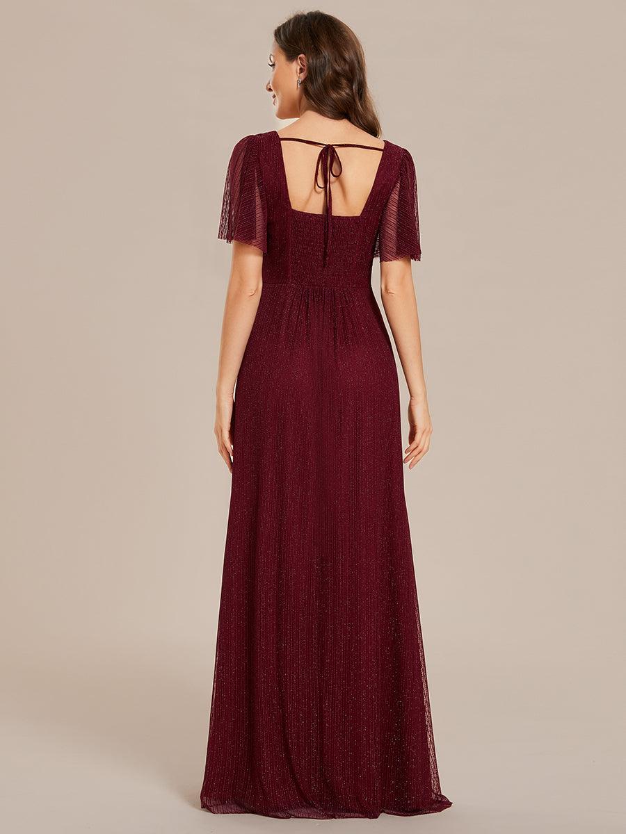 Robe de demoiselle d'honneur pailletée trapèze fente haute taille élastique manches courtes dos à lacets #Couleur_Bordeaux