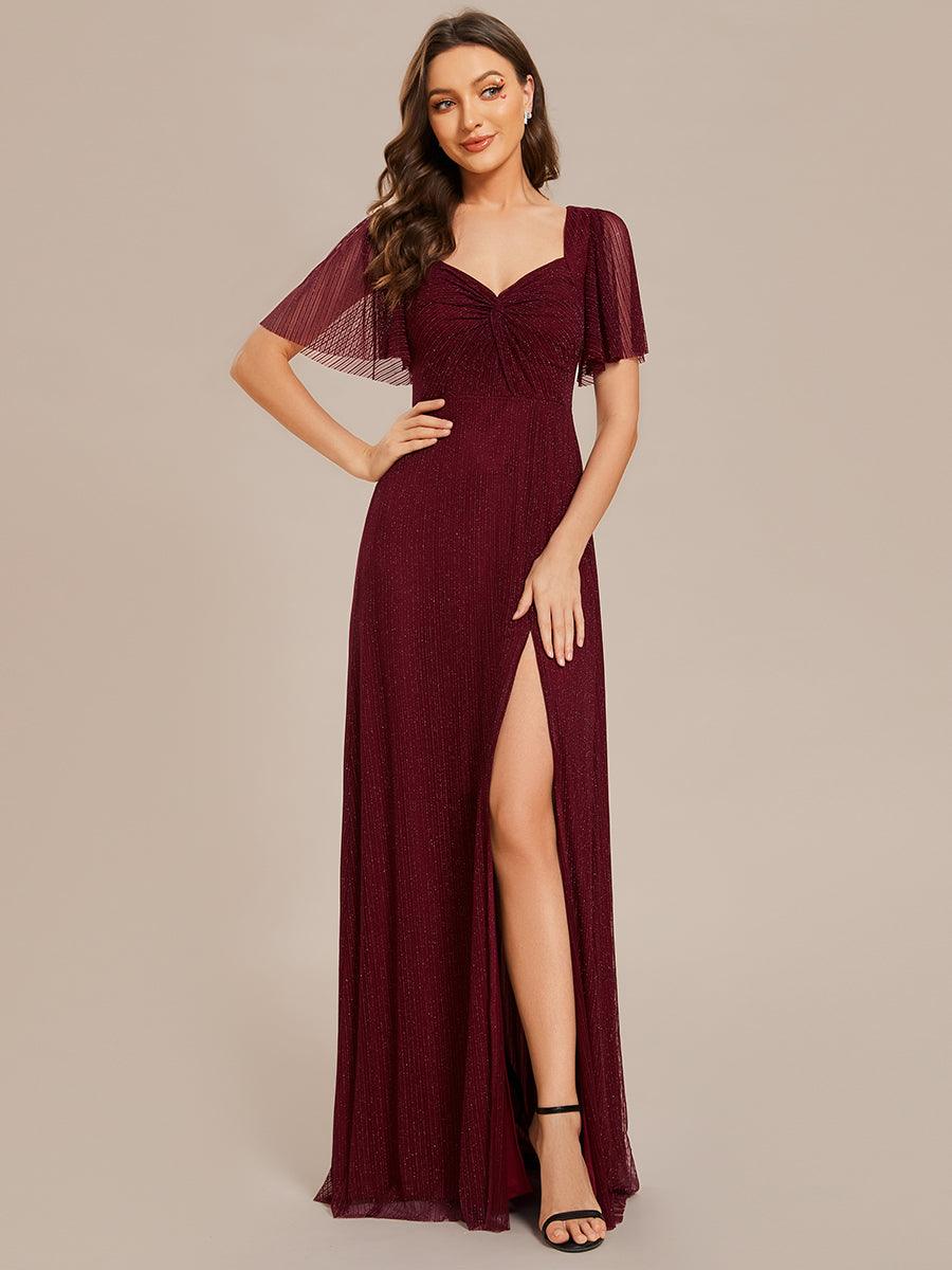 Robe de demoiselle d'honneur pailletée trapèze fente haute taille élastique manches courtes dos à lacets #Couleur_Bordeaux