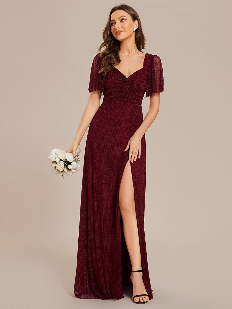 Robe de demoiselle d'honneur pailletée trapèze fente haute taille élastique manches courtes dos à lacets #Couleur_Bordeaux