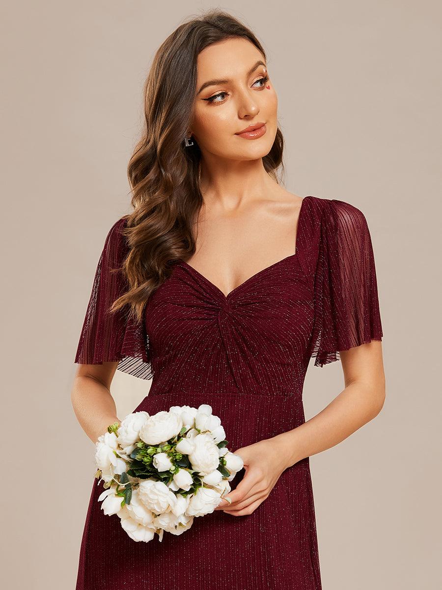 Robe de demoiselle d'honneur pailletée trapèze fente haute taille élastique manches courtes dos à lacets #Couleur_Bordeaux