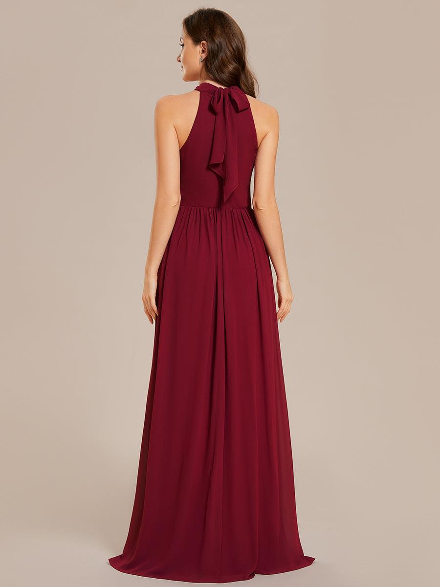 Robe De Demoiselle D'honneur Longue Plissée En Mousseline De Soie Bretelles Lico Sans Manches Ligne A Fente Haute #Couleur_Bordeaux