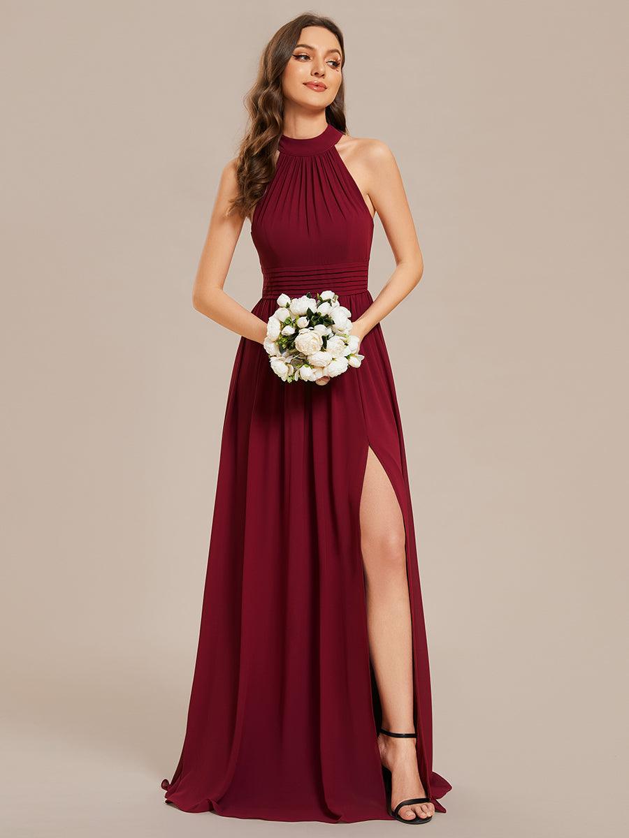 Robe De Demoiselle D'honneur Longue Plissée En Mousseline De Soie Bretelles Lico Sans Manches Ligne A Fente Haute #Couleur_Bordeaux