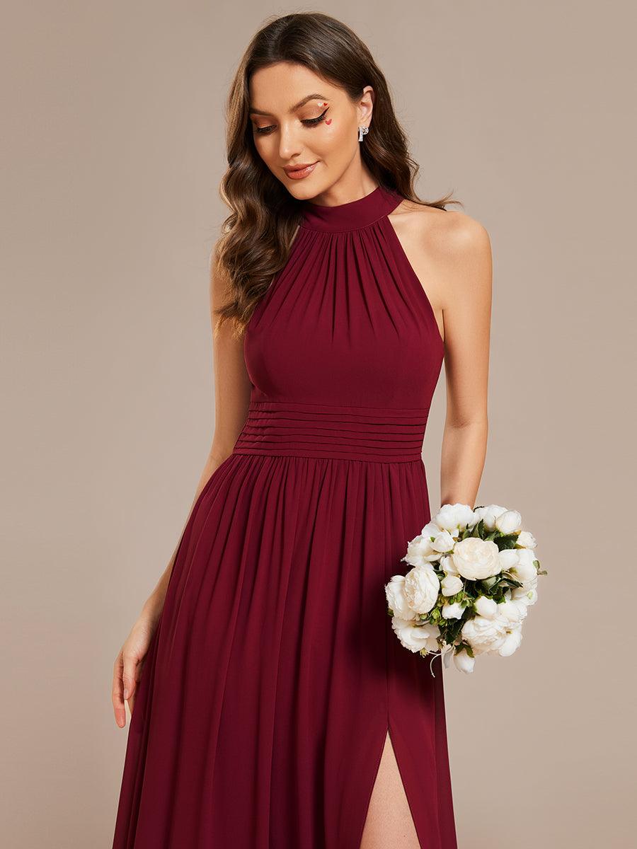 Robe De Demoiselle D'honneur Longue Plissée En Mousseline De Soie Bretelles Lico Sans Manches Ligne A Fente Haute #Couleur_Bordeaux