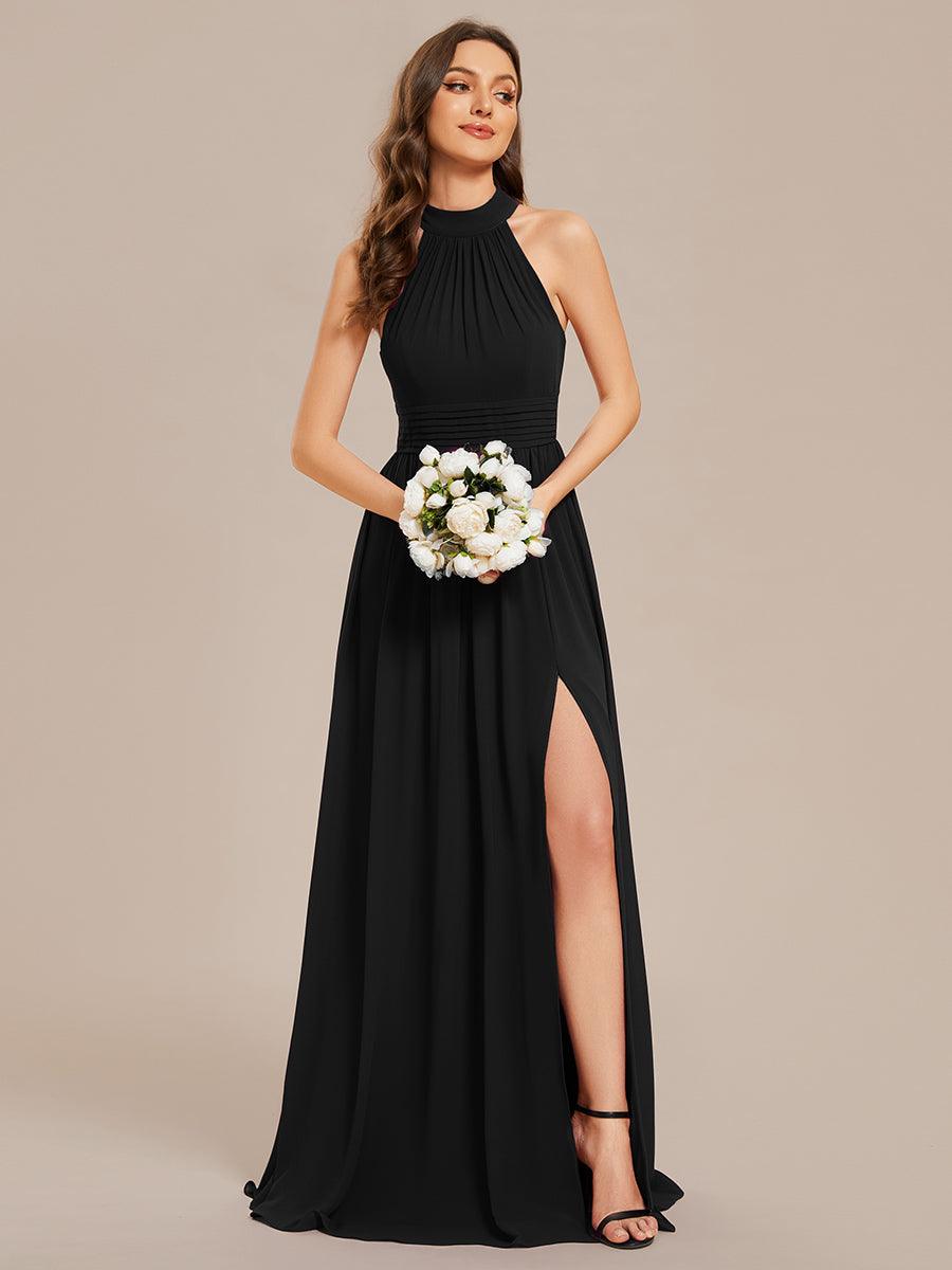 Robe De Demoiselle D'honneur Longue Plissée En Mousseline De Soie Bretelles Lico Sans Manches Ligne A Fente Haute #Couleur_Noir