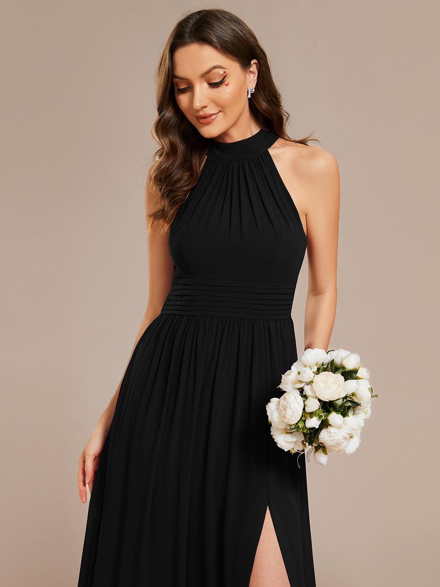 Robe De Demoiselle D'honneur Longue Plissée En Mousseline De Soie Bretelles Lico Sans Manches Ligne A Fente Haute #Couleur_Noir