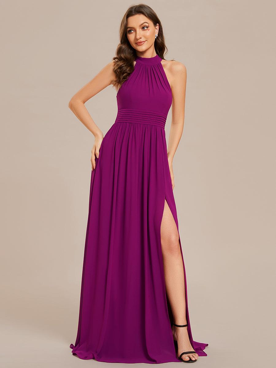 Robe De Demoiselle D'honneur Longue Plissée En Mousseline De Soie Bretelles Lico Sans Manches Ligne A Fente Haute #Couleur_Fuchsia