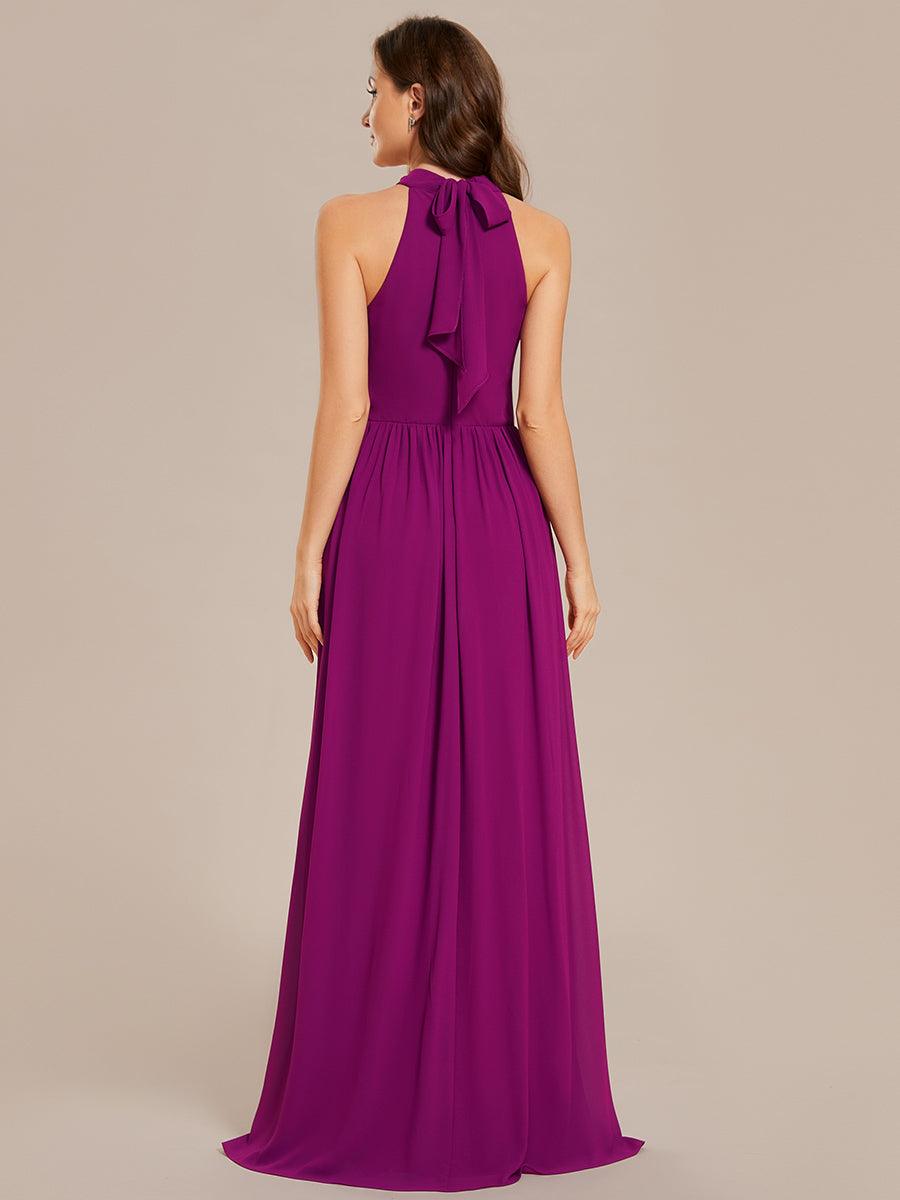 Robe De Demoiselle D'honneur Longue Plissée En Mousseline De Soie Bretelles Lico Sans Manches Ligne A Fente Haute #Couleur_Fuchsia