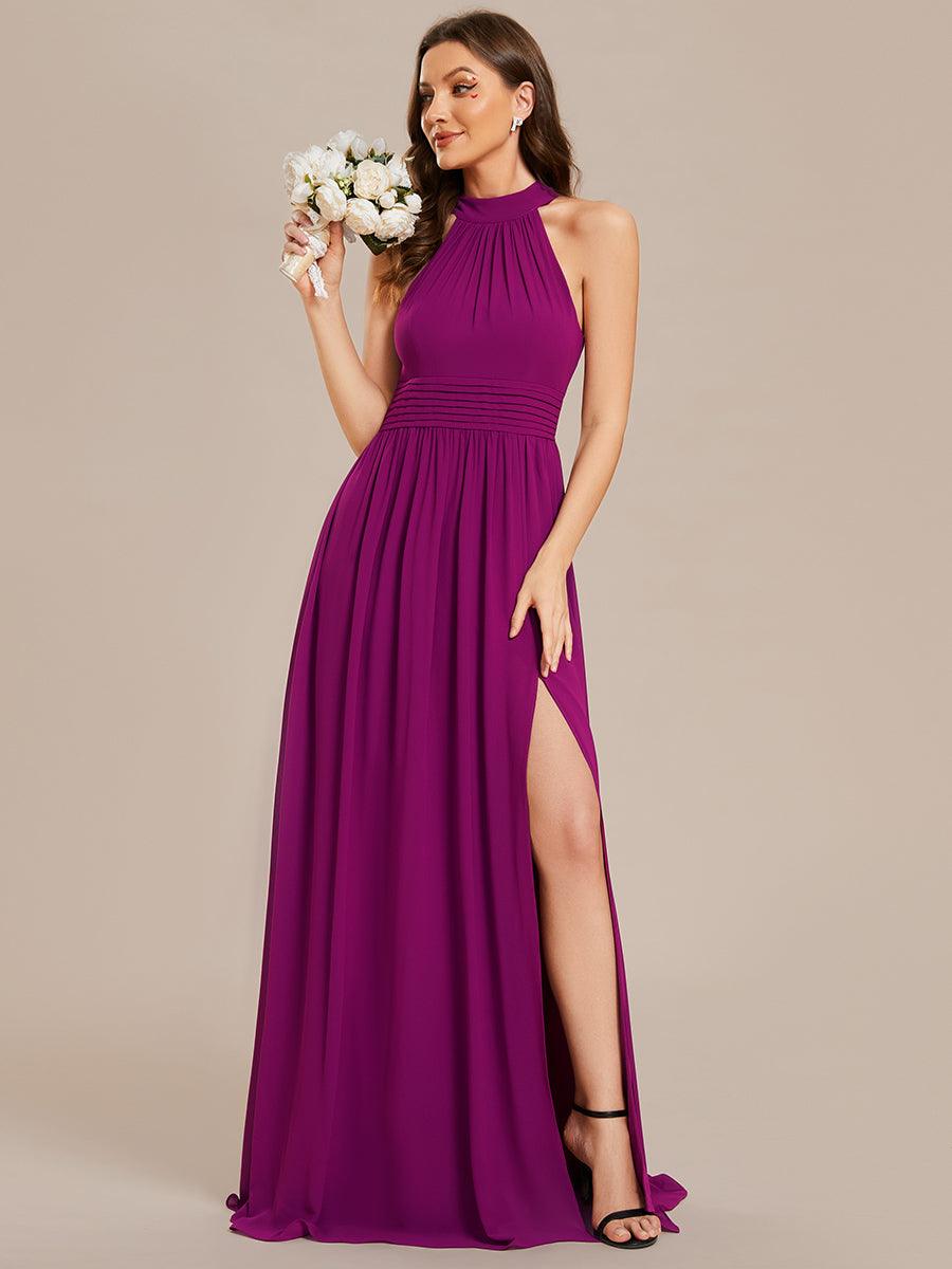 Robe De Demoiselle D'honneur Longue Plissée En Mousseline De Soie Bretelles Lico Sans Manches Ligne A Fente Haute #Couleur_Fuchsia