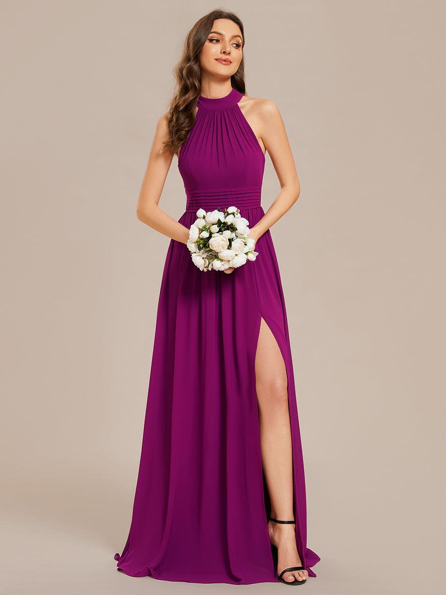 Robe De Demoiselle D'honneur Longue Plissée En Mousseline De Soie Bretelles Lico Sans Manches Ligne A Fente Haute #Couleur_Fuchsia