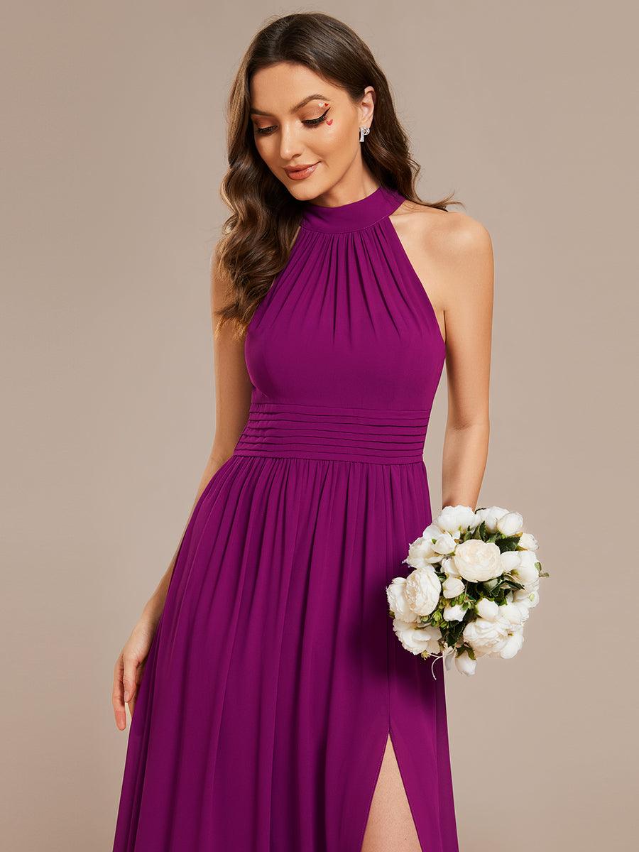 Robe De Demoiselle D'honneur Longue Plissée En Mousseline De Soie Bretelles Lico Sans Manches Ligne A Fente Haute #Couleur_Fuchsia