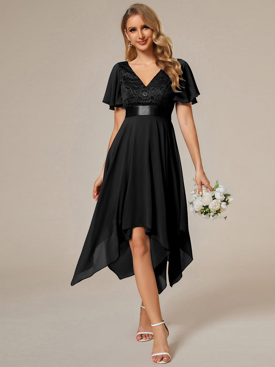 Robe de demoiselle d'honneur à ourlet asymétrique taille empire manches courtes longueur genou #Couleur_Noir
