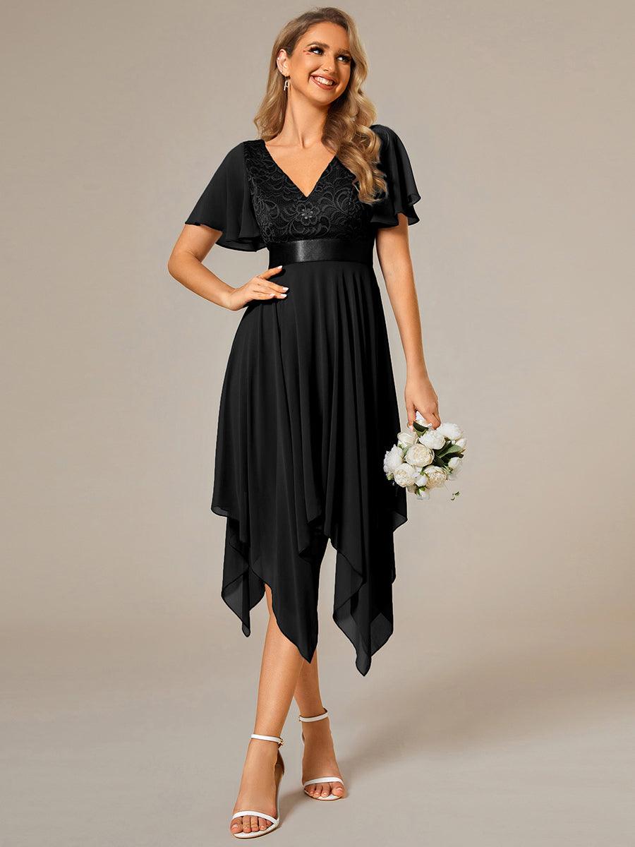Robe de demoiselle d'honneur à ourlet asymétrique taille empire manches courtes longueur genou #Couleur_Noir
