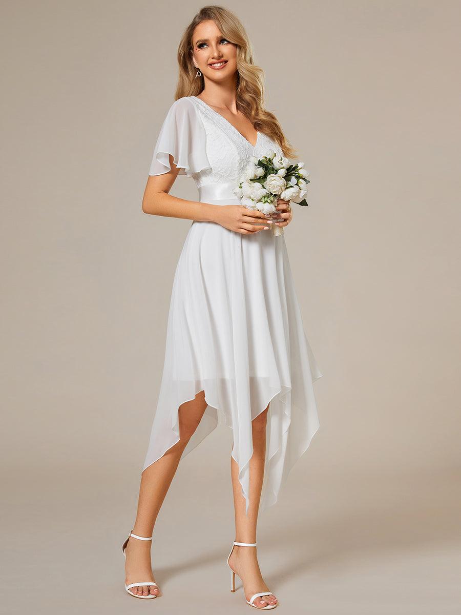Robe de demoiselle d'honneur à ourlet asymétrique taille empire manches courtes longueur genou #Couleur_Creme