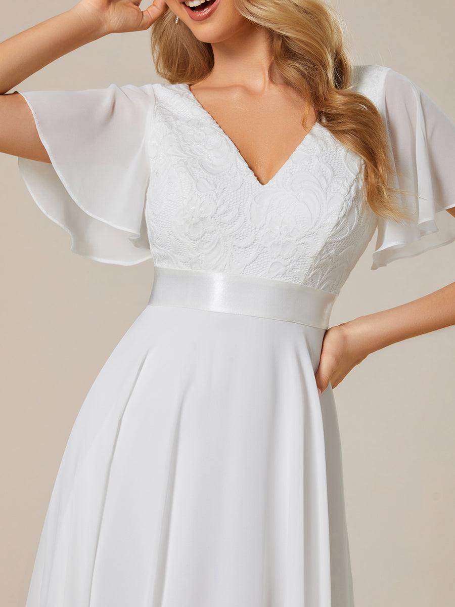 Robe de demoiselle d'honneur à ourlet asymétrique taille empire manches courtes longueur genou #Couleur_Creme