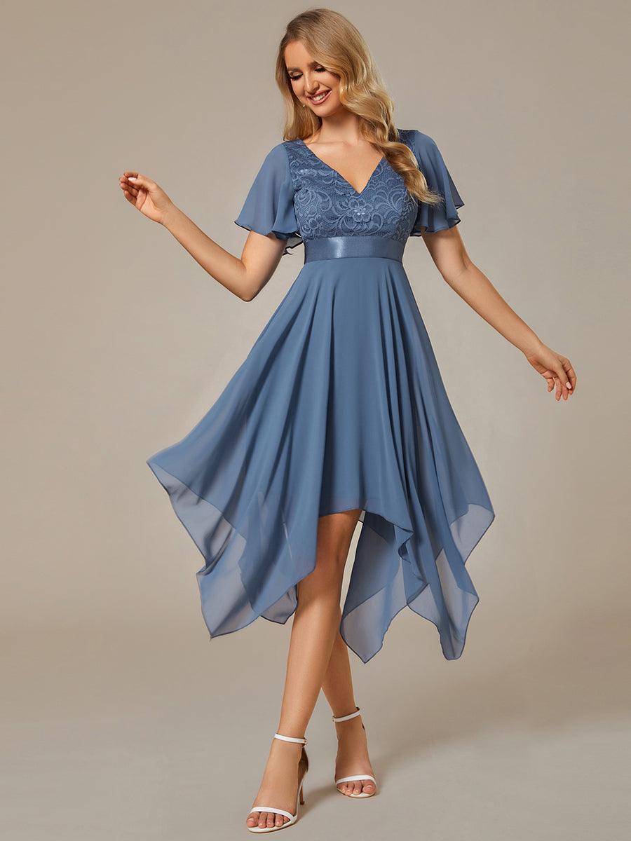 Robe de demoiselle d'honneur à ourlet asymétrique taille empire manches courtes longueur genou #Couleur_Marine Fume