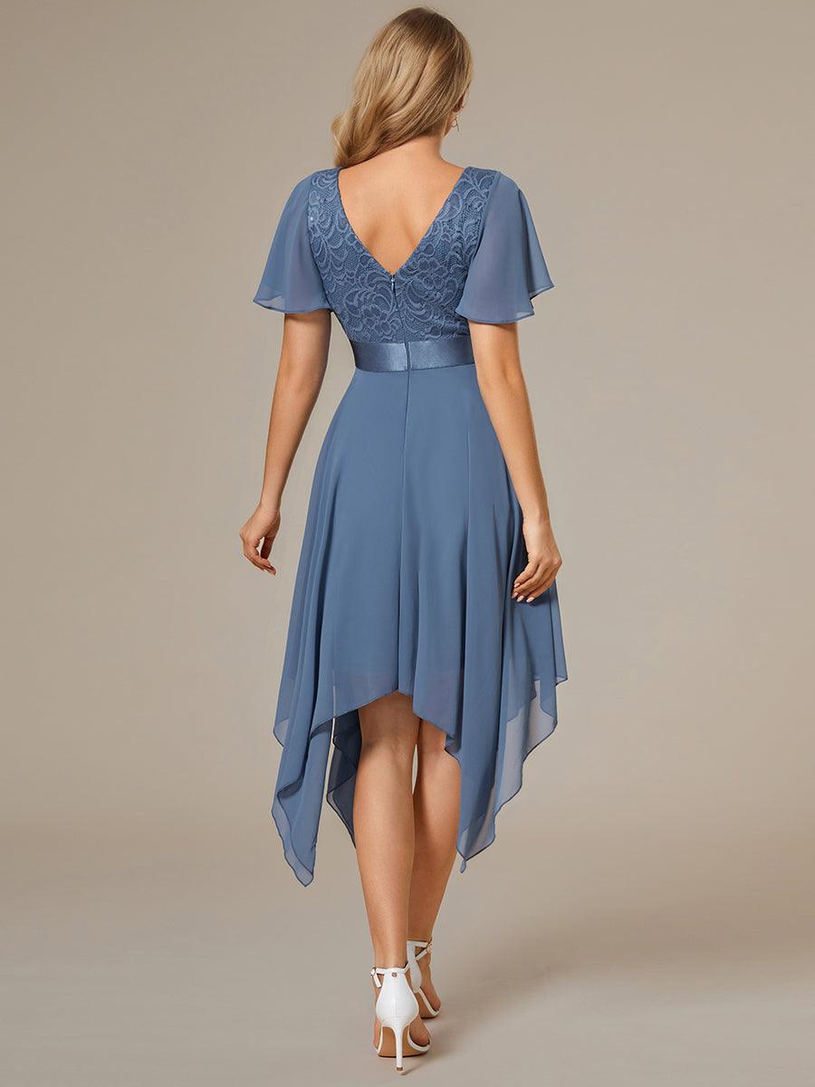 Robe de demoiselle d'honneur à ourlet asymétrique taille empire manches courtes longueur genou #Couleur_Marine Fume