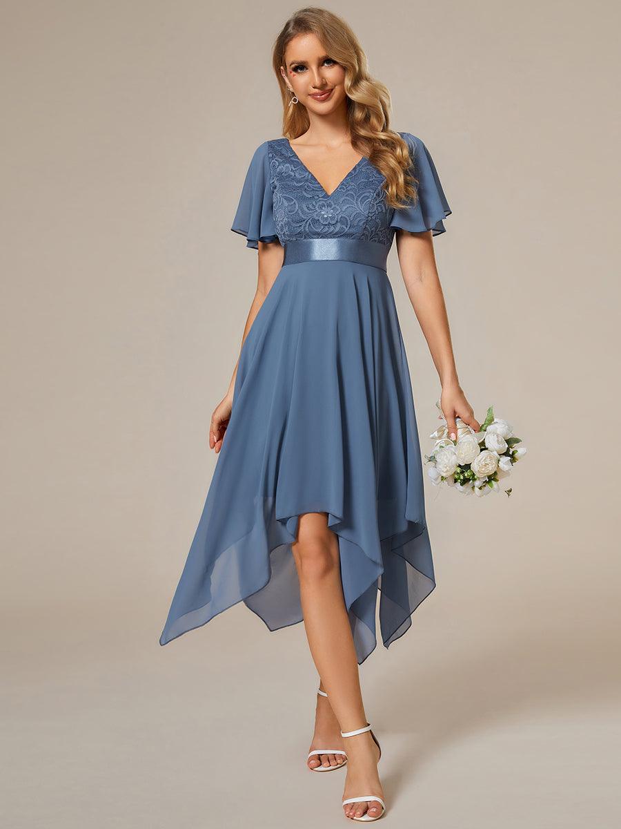 Robe de demoiselle d'honneur à ourlet asymétrique taille empire manches courtes longueur genou #Couleur_Marine Fume