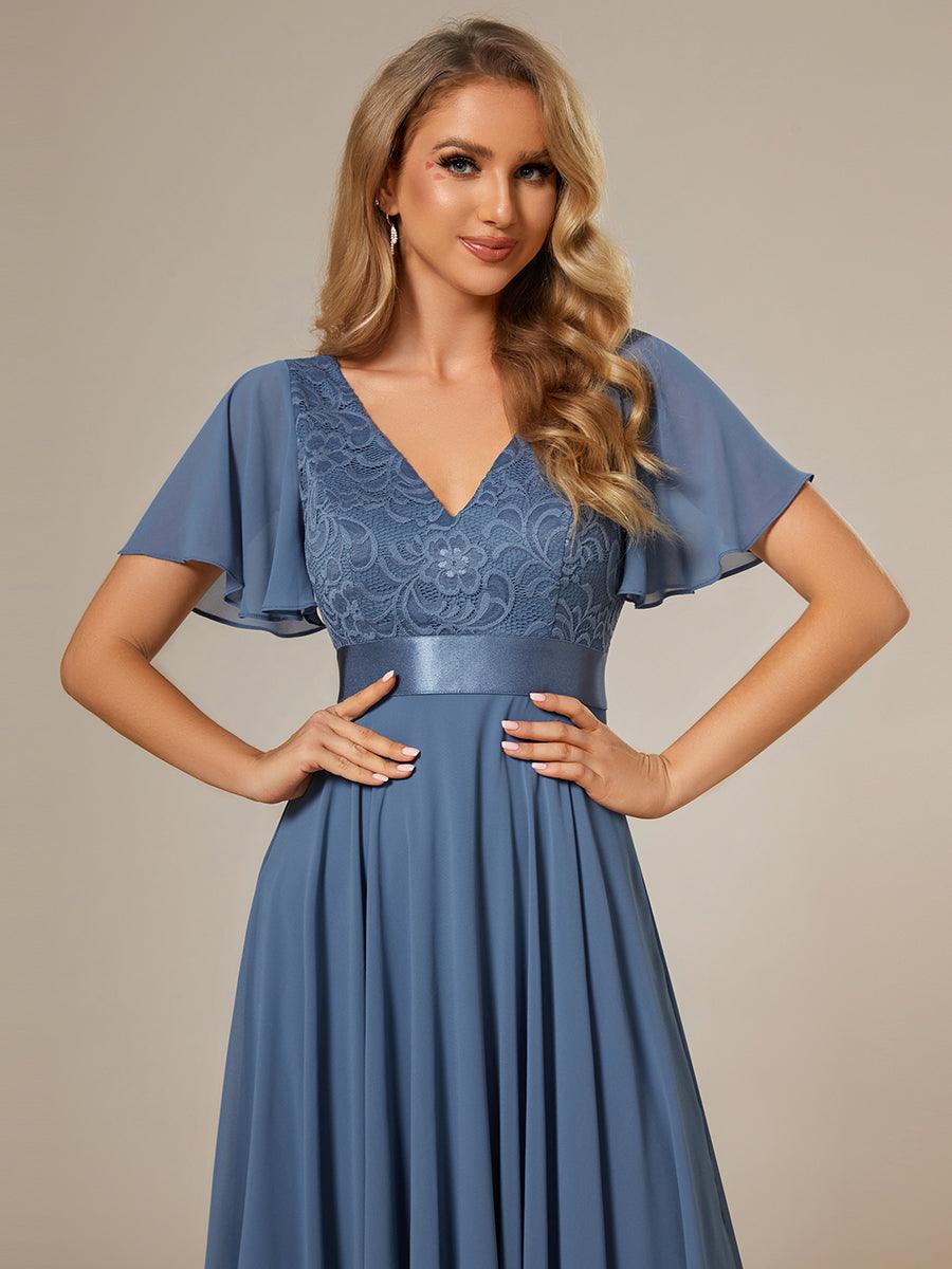 Robe de demoiselle d'honneur à ourlet asymétrique taille empire manches courtes longueur genou #Couleur_Marine Fume