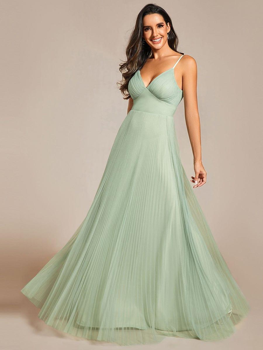Tulle V - cou sans manches jupe de demoiselle d'honneur plissée #Couleur_Menthe Verte