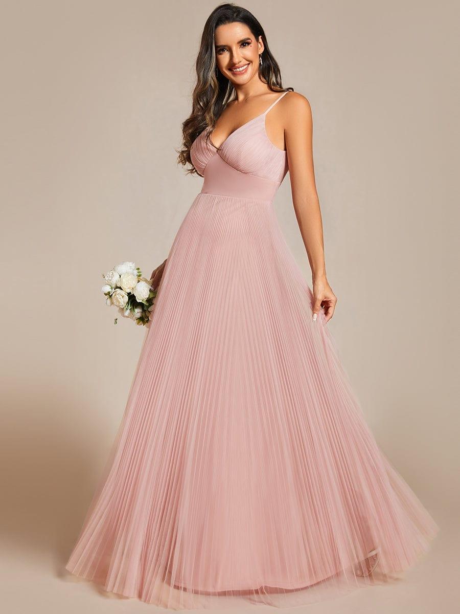 Tulle V - cou sans manches jupe de demoiselle d'honneur plissée #Couleur_Rose