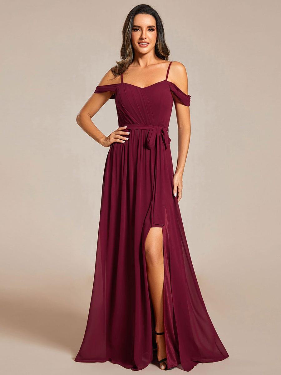 Mousseline de soie V - neck spaghetti bretelles haute jupe de demoiselle d'honneur à fourche #Couleur_Bordeaux