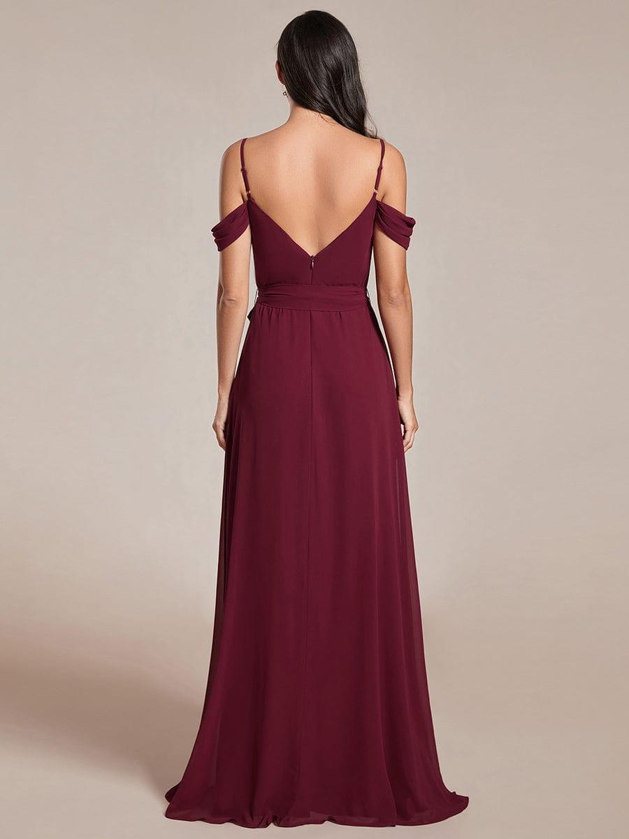 Mousseline de soie V - neck spaghetti bretelles haute jupe de demoiselle d'honneur à fourche #Couleur_Bordeaux