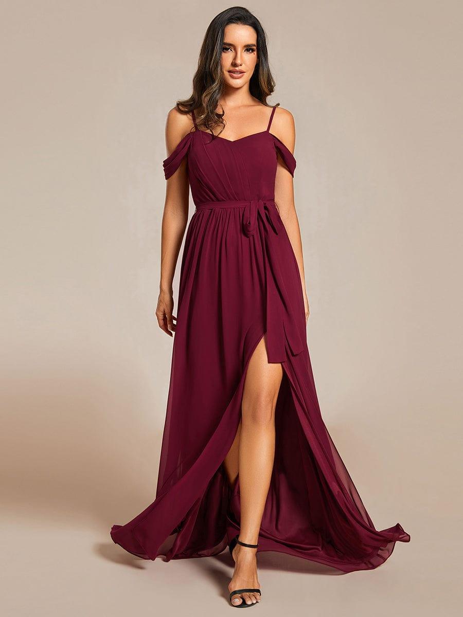 Mousseline de soie V - neck spaghetti bretelles haute jupe de demoiselle d'honneur à fourche #Couleur_Bordeaux