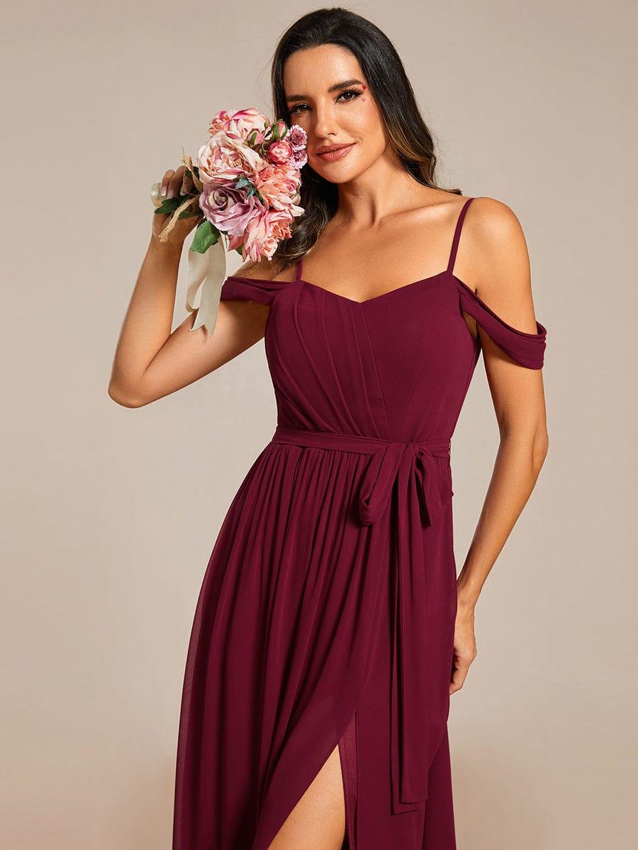Mousseline de soie V - neck spaghetti bretelles haute jupe de demoiselle d'honneur à fourche #Couleur_Bordeaux