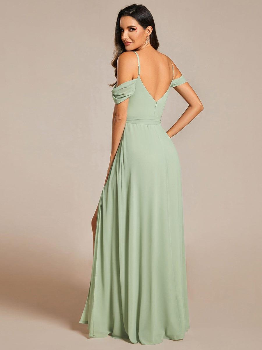 Mousseline de soie V - neck spaghetti bretelles haute jupe de demoiselle d'honneur à fourche #Couleur_Menthe Verte