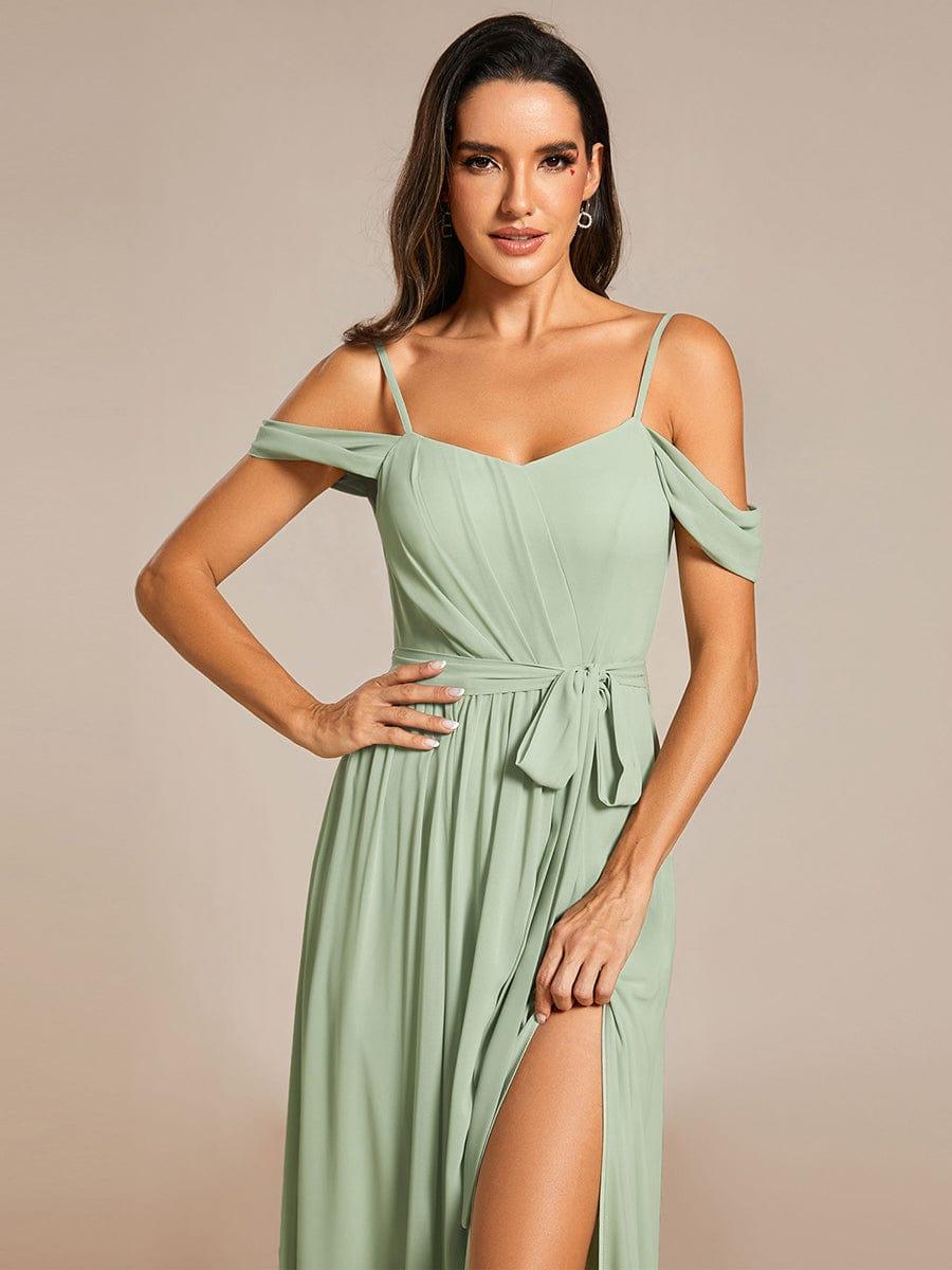 Mousseline de soie V - neck spaghetti bretelles haute jupe de demoiselle d'honneur à fourche #Couleur_Menthe Verte