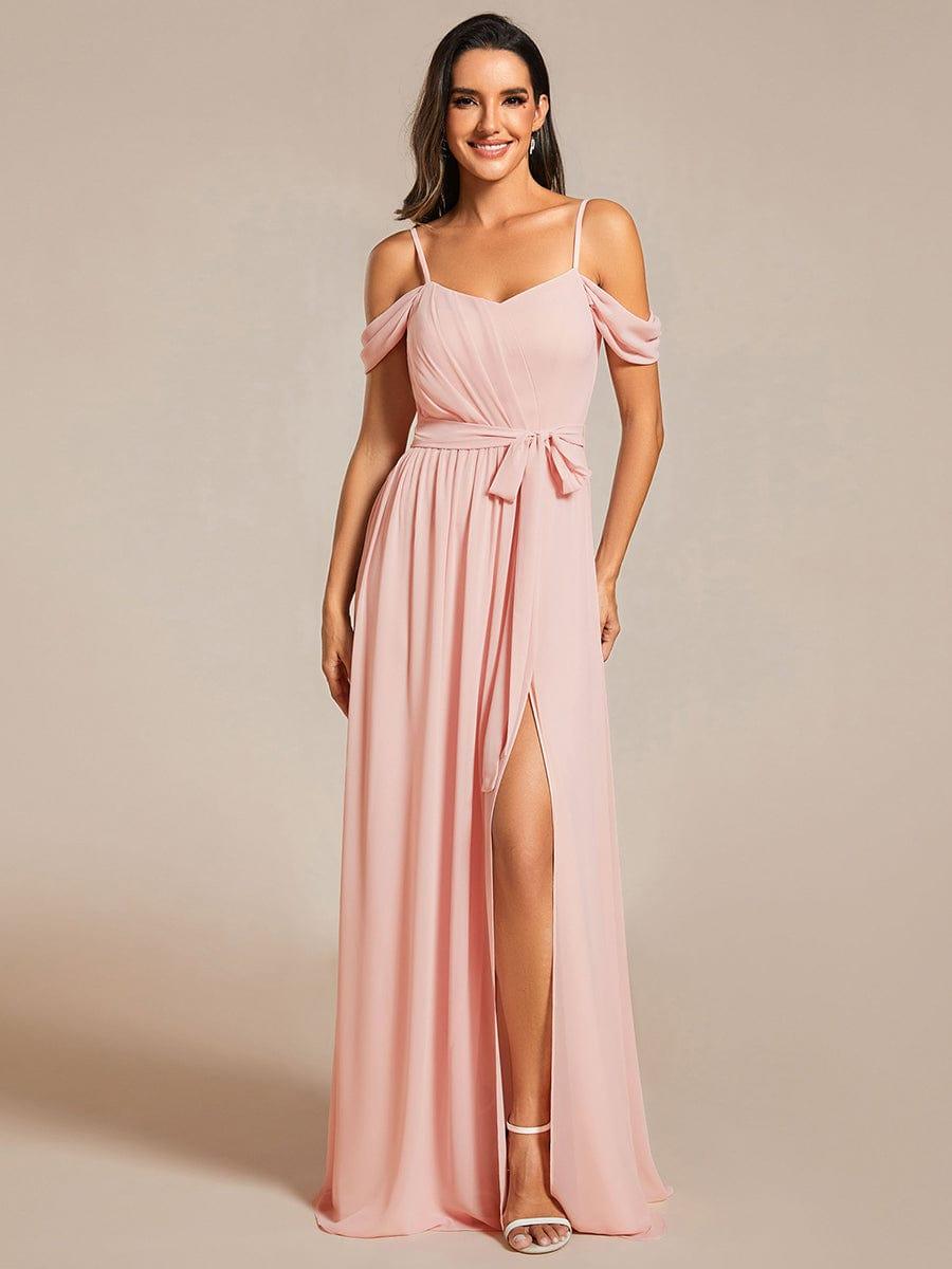 Mousseline de soie V - neck spaghetti bretelles haute jupe de demoiselle d'honneur à fourche #Couleur_Rose