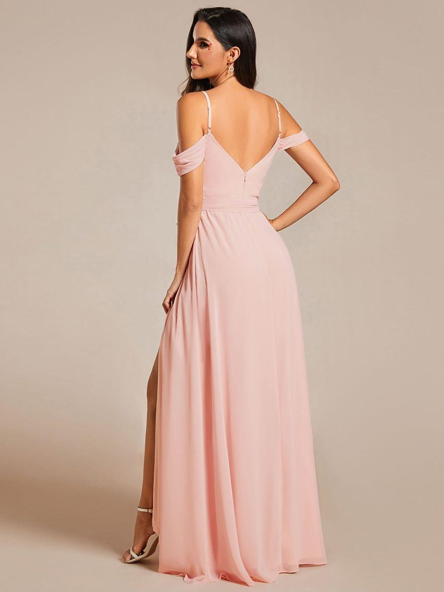 Mousseline de soie V - neck spaghetti bretelles haute jupe de demoiselle d'honneur à fourche #Couleur_Rose