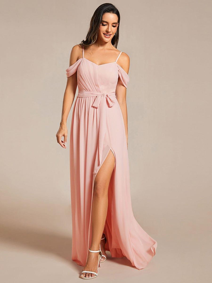 Mousseline de soie V - neck spaghetti bretelles haute jupe de demoiselle d'honneur à fourche #Couleur_Rose