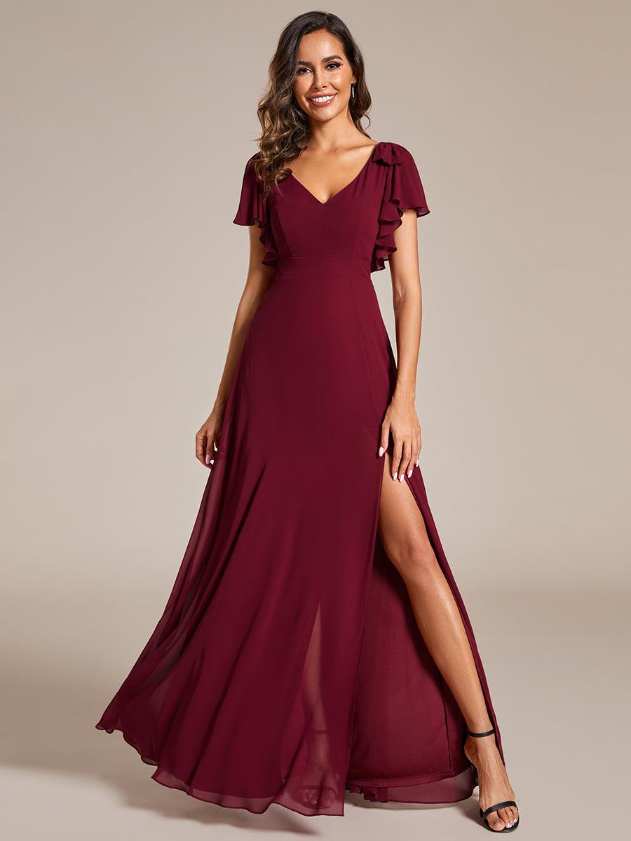 Robe de demoiselle d'honneur trapèze en mousseline à manches courtes avec n?ud papillon et fente haute sur le devant #Couleur_Bordeaux