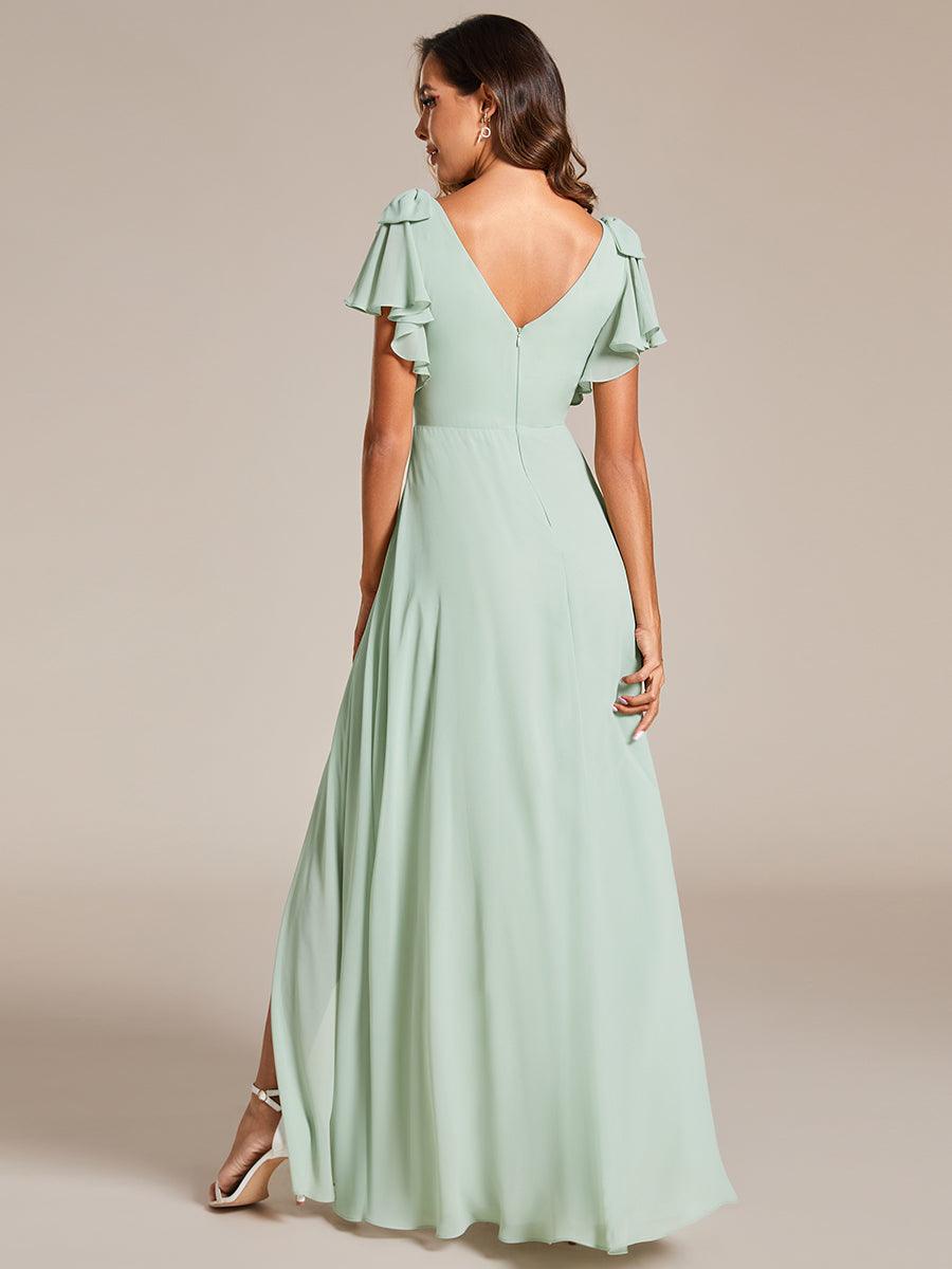 Robe de demoiselle d'honneur trapèze en mousseline à manches courtes avec n?ud papillon et fente haute sur le devant #Couleur_Menthe Verte
