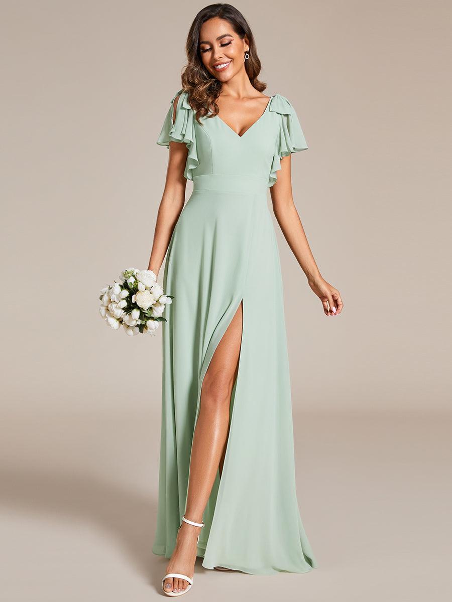 Robe de demoiselle d'honneur trapèze en mousseline à manches courtes avec n?ud papillon et fente haute sur le devant #Couleur_Menthe Verte