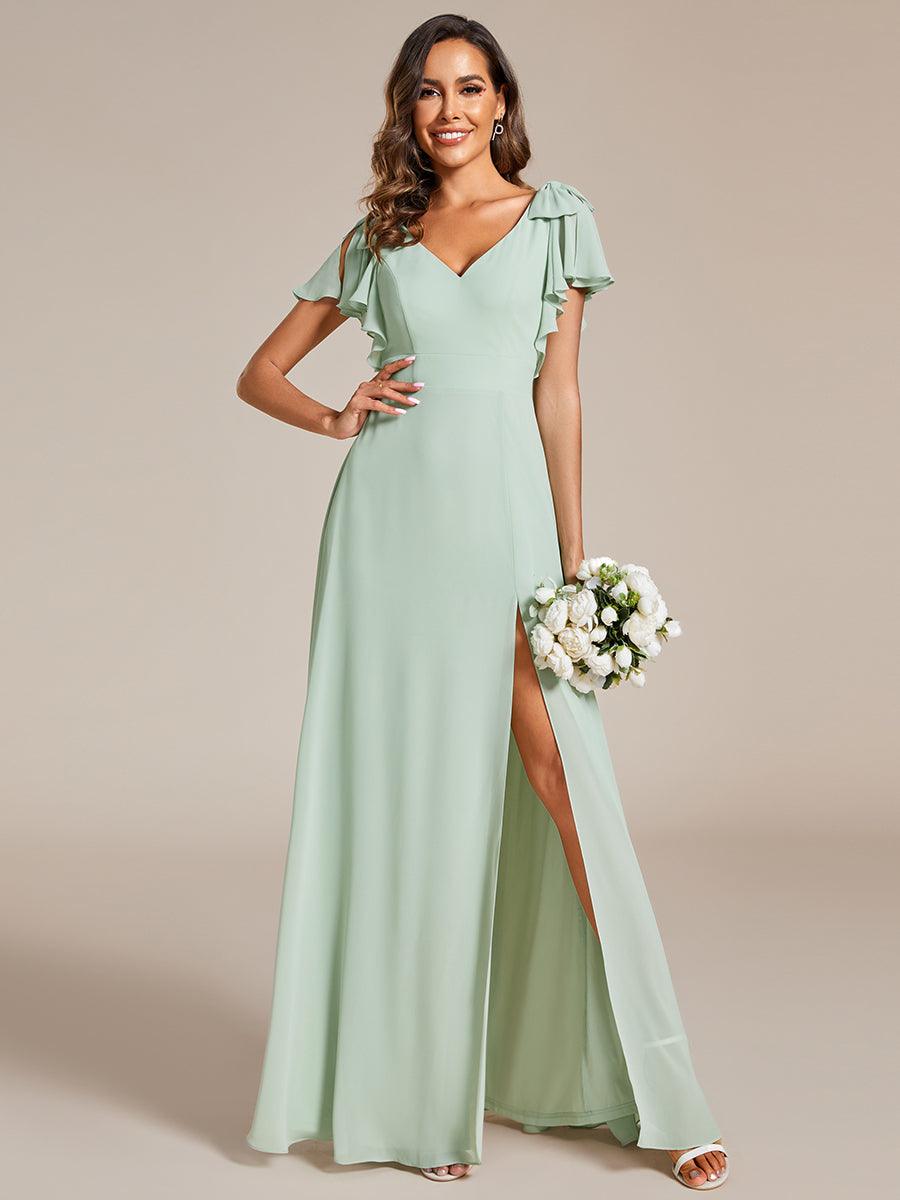 Robe de demoiselle d'honneur trapèze en mousseline à manches courtes avec n?ud papillon et fente haute sur le devant #Couleur_Menthe Verte