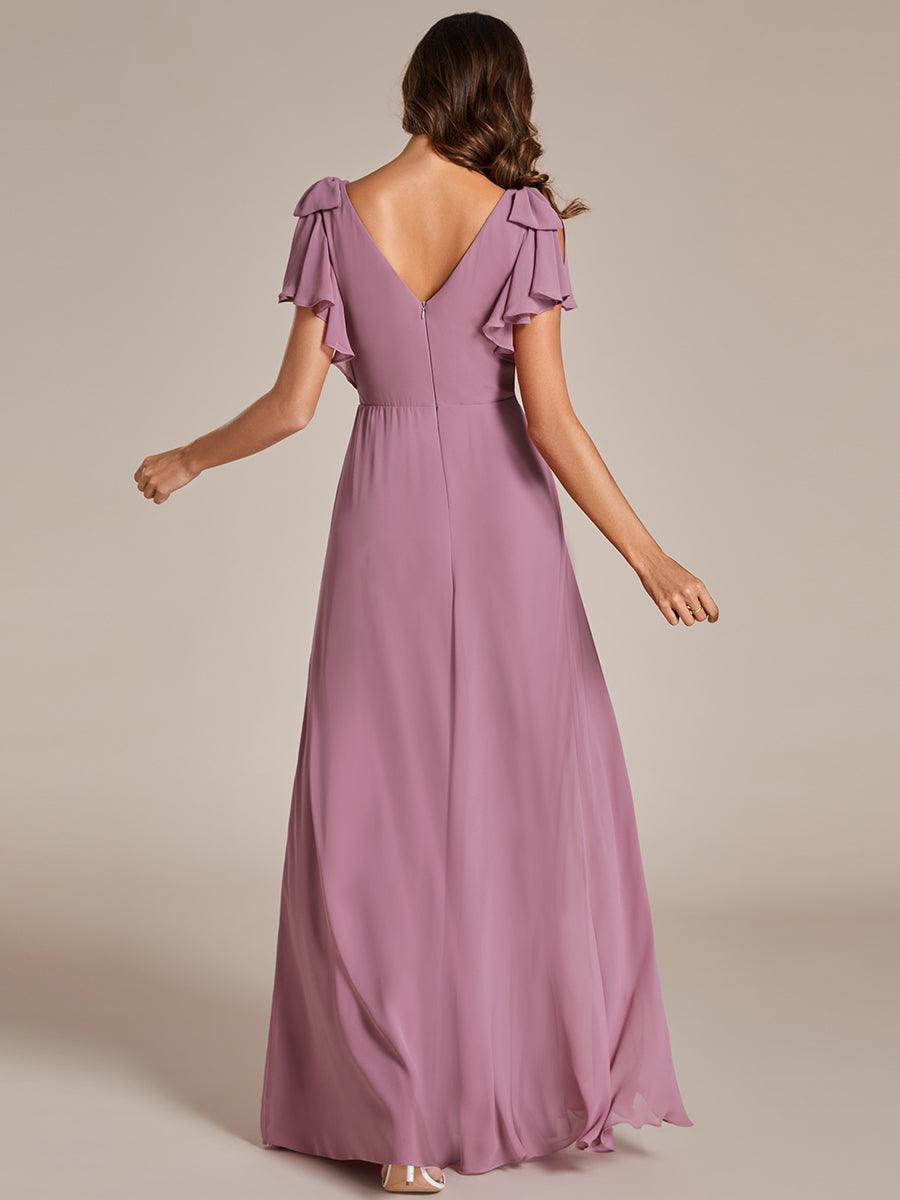 Robe de demoiselle d'honneur trapèze en mousseline à manches courtes avec n?ud papillon et fente haute sur le devant #Couleur_Orchidee