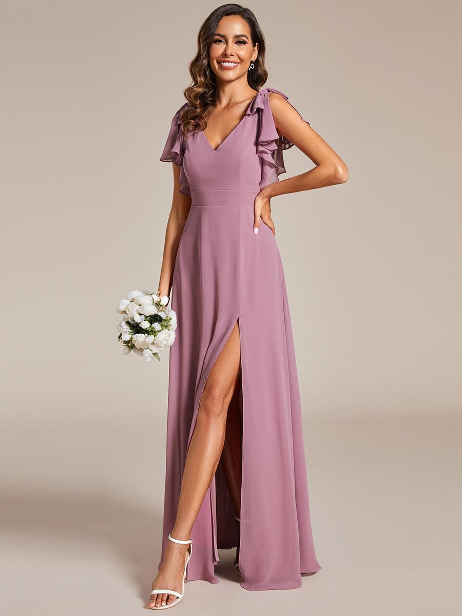 Robe de demoiselle d'honneur trapèze en mousseline à manches courtes avec n?ud papillon et fente haute sur le devant #Couleur_Orchidee