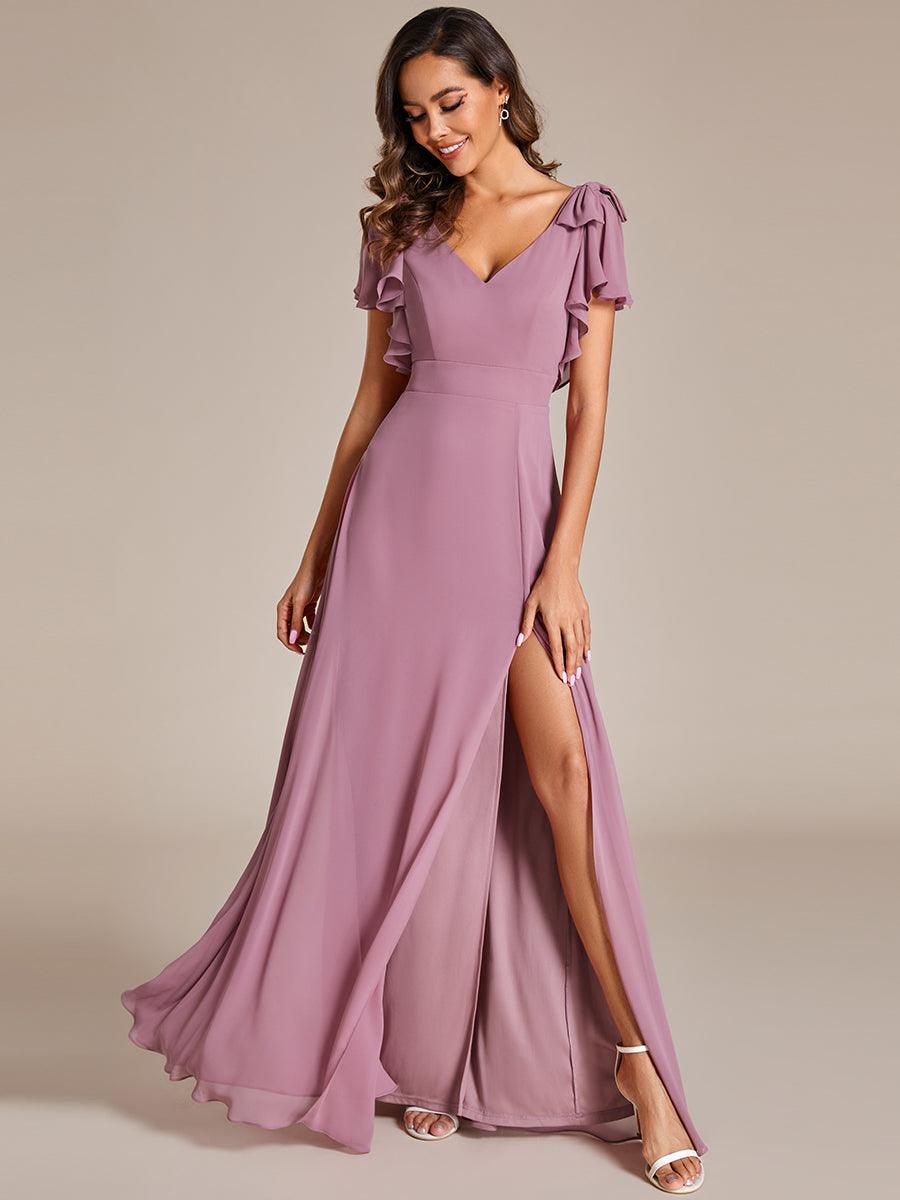 Robe de demoiselle d'honneur trapèze en mousseline à manches courtes avec n?ud papillon et fente haute sur le devant #Couleur_Orchidee