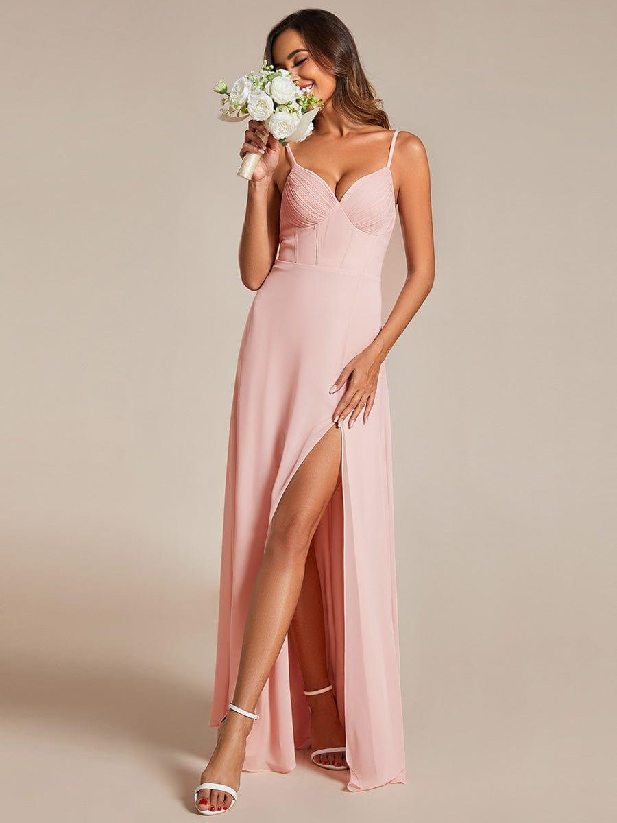 Robe de demoiselle d'honneur en mousseline à col en V et bretelles fines avec fente haute #Couleur_Rose