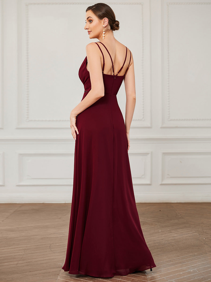 Robe de demoiselle d'honneur en mousseline de soie à double bretelle minces et ceinture à sequins