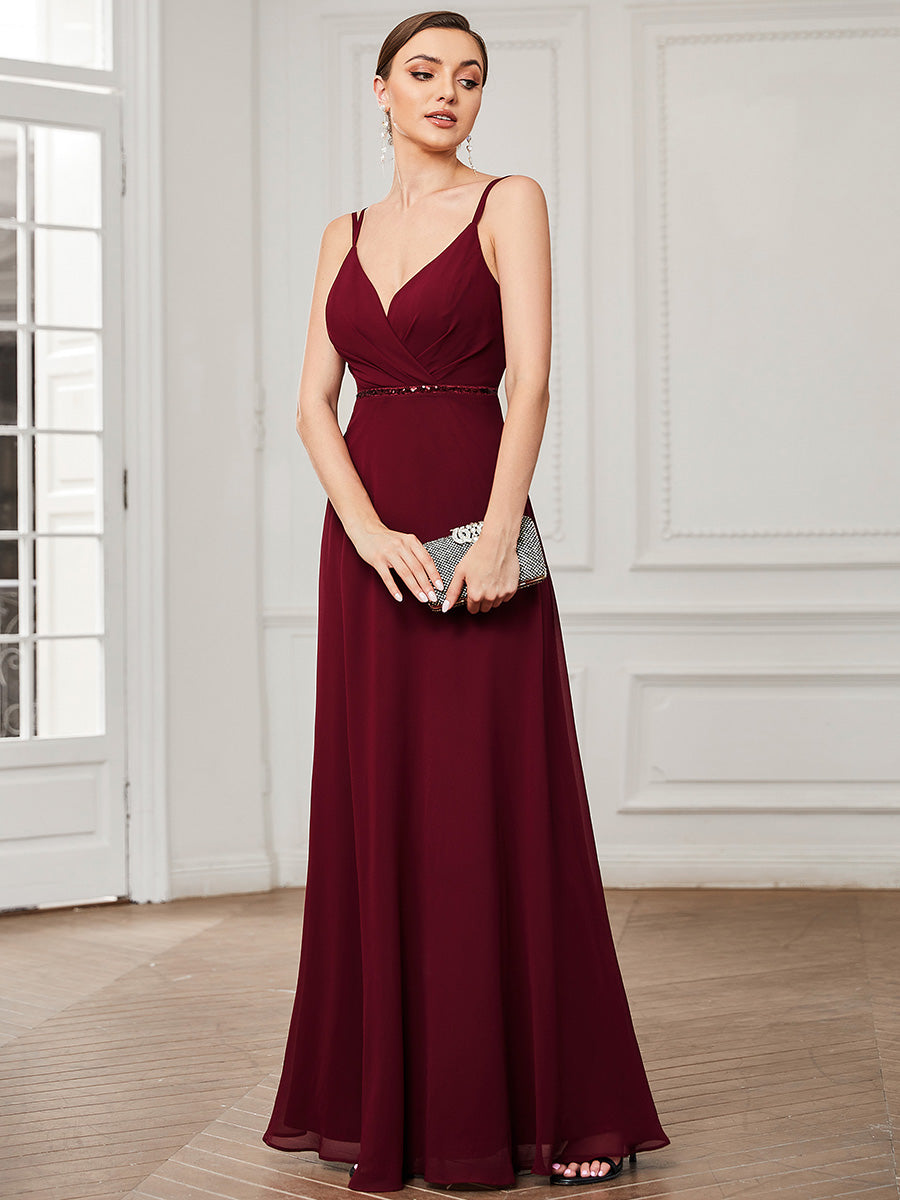 Robe de demoiselle d'honneur en mousseline de soie à double bretelle minces et ceinture à sequins