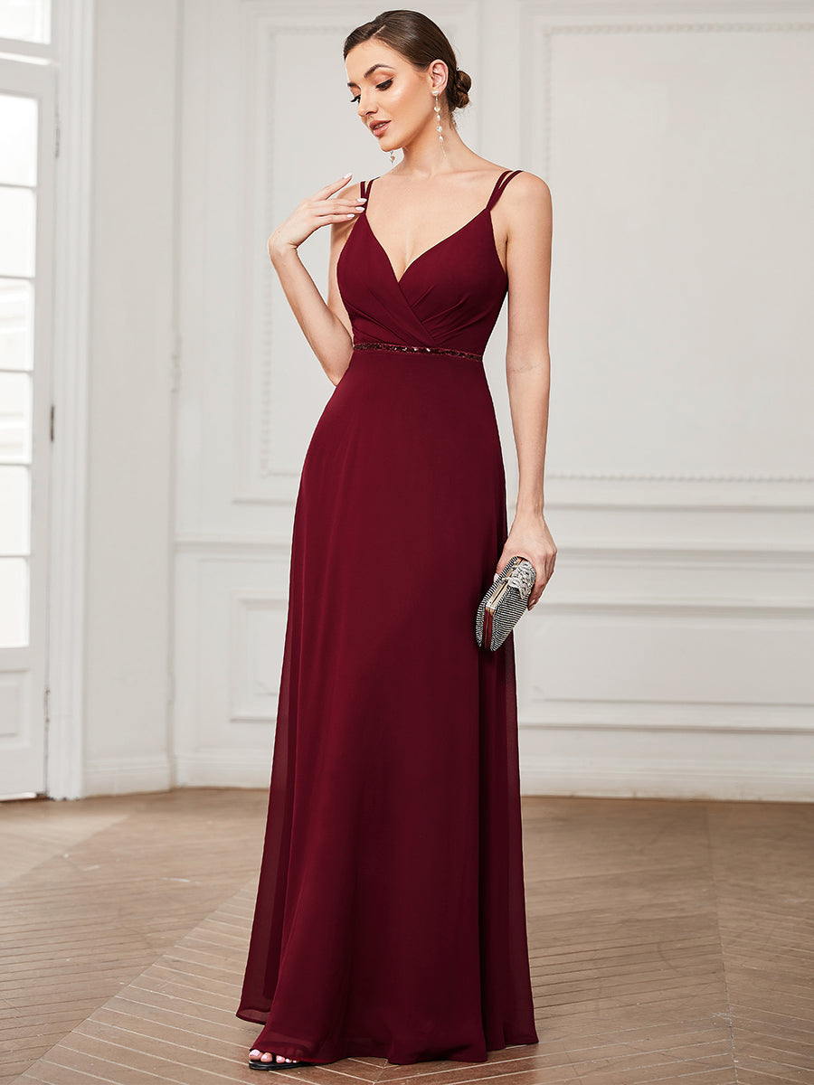Robe de demoiselle d'honneur en mousseline de soie à double bretelle minces et ceinture à sequins