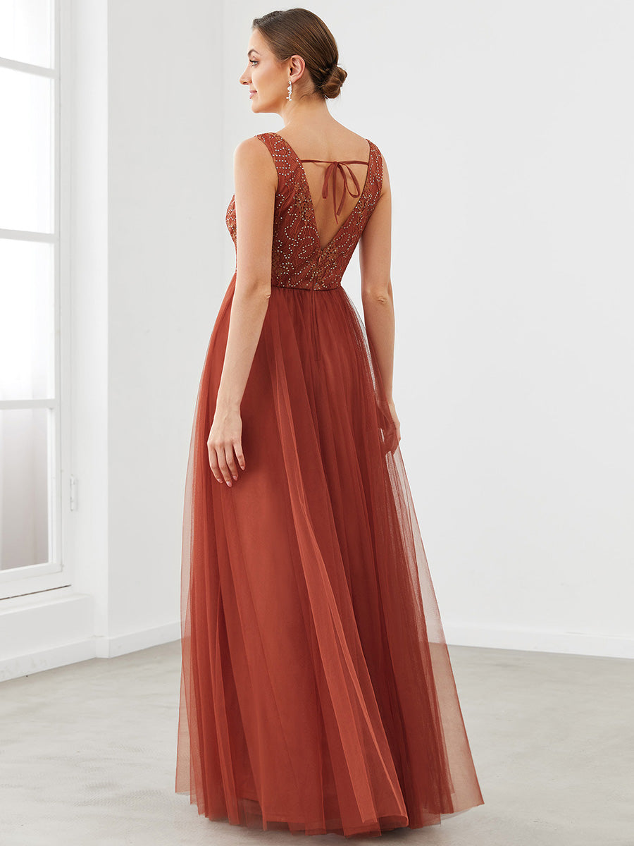 Robe de demoiselle d'honneur en tulle à encolure en V et en dentelle sans manches #Couleur_Rouge Brique
