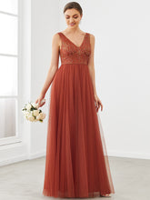 Robe de demoiselle d'honneur en tulle à encolure en V et en dentelle sans manches #Couleur_Rouge Brique