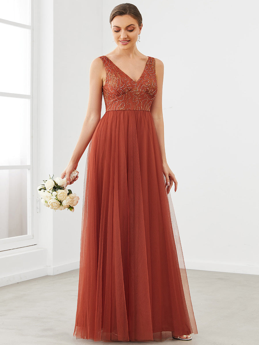 Robe de demoiselle d'honneur en tulle à encolure en V et en dentelle sans manches #Couleur_Rouge Brique